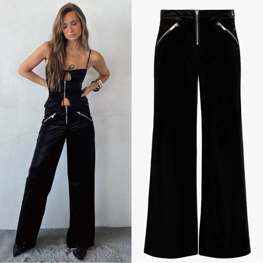 WEWOREWHAT Zipper Fly Wide Leg High Waisted Sheen Pants Trousers